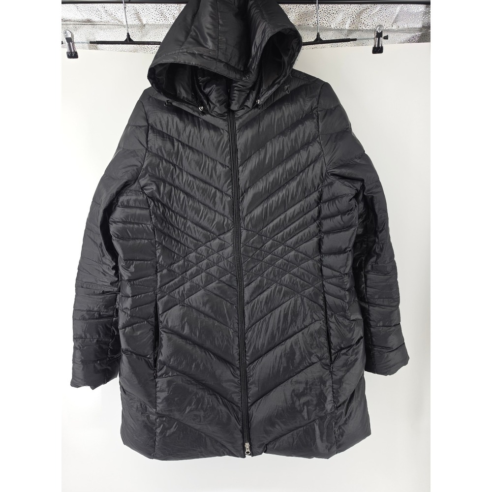 Lands End Womens Black Quilted Down Puffer Coat Hooded Full Zip XL/T 18